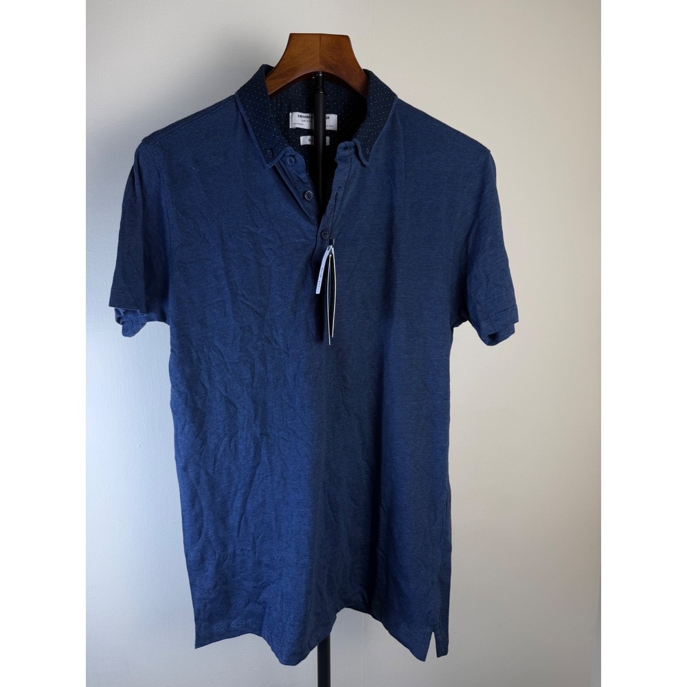 Denim & Flower Mens Slim Fit Polo Shirt Blue Micro Stripe Polka Dot Navy Small